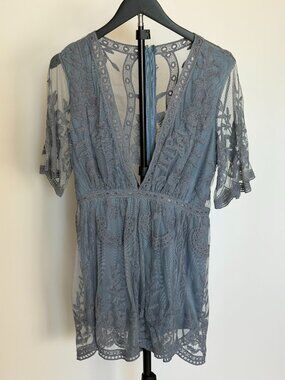 Blue Gray Lace Deep V Romper